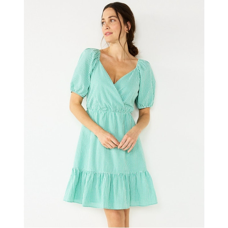 Draper James Gingham Puff Sleeve Dress Green White Checker Cotton Pockets New Xs